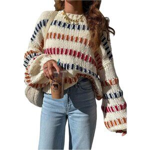 Women's Beige Oversized Strip Neck Knitted Drop Shoulder Long Sleeve Sweaters